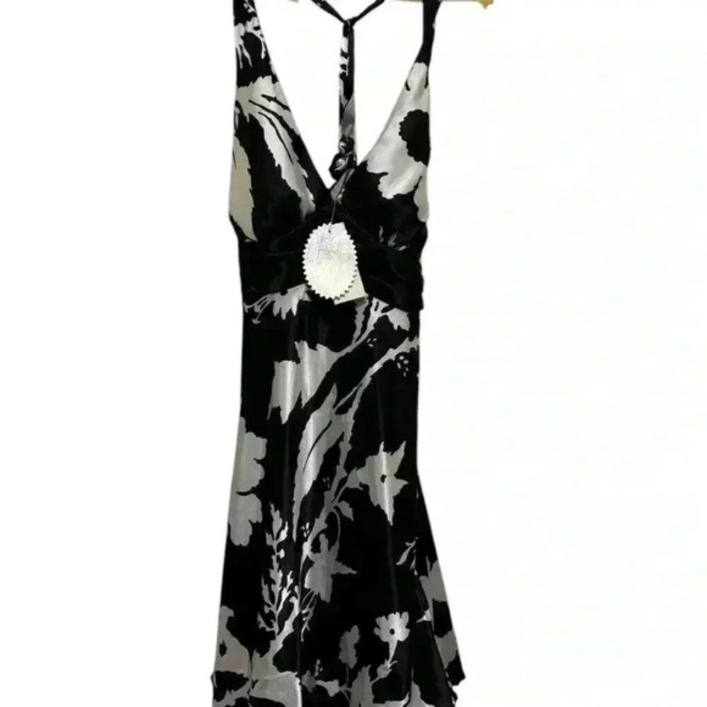 Elegant Black and White Floral Halter Silky Sexy Dress Size 7 NWT 90’s, Y2K